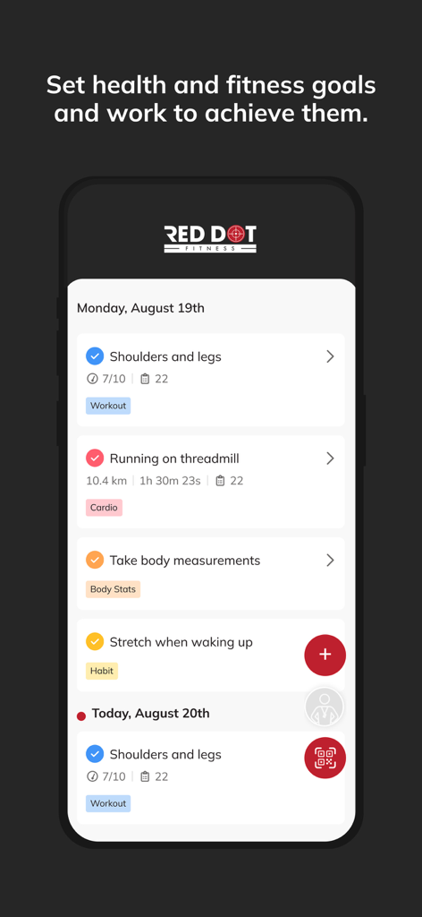 Red Dot Fitness - Red Dot Fitness app interface displaying a daily schedule for workouts and habits