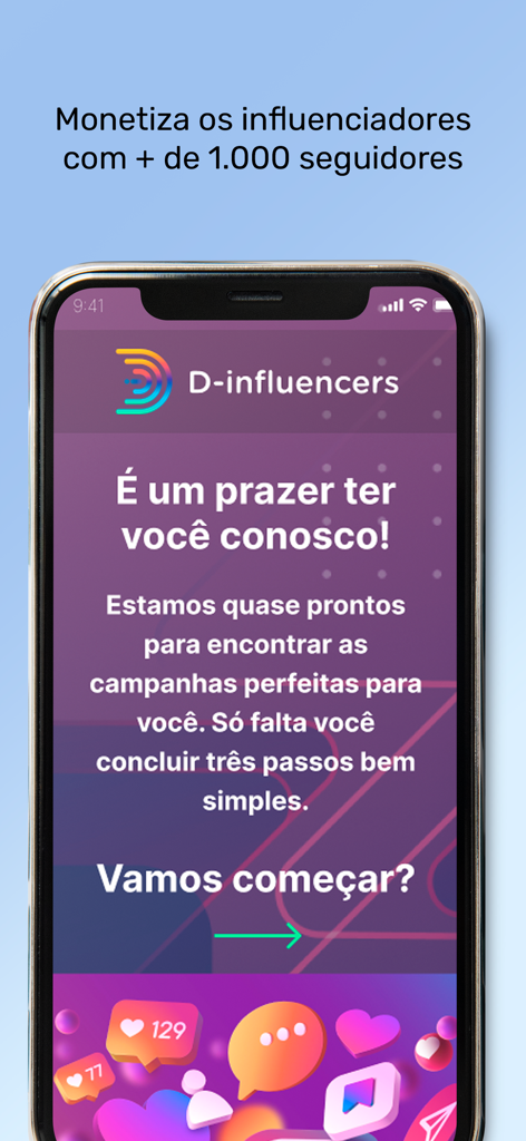 D-Influencers - D-Influencers app welcome screen showing a message to start the onboarding process for creators with over 1000 followers