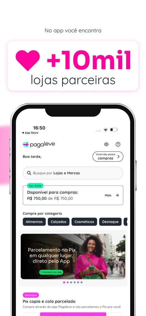 Pagaleve app home screen showing shopping limit and search for partner stores