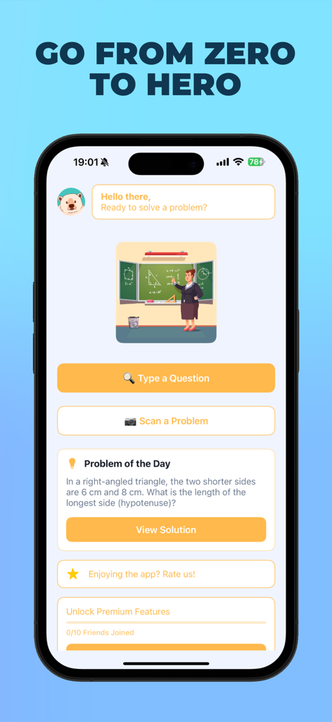The home screen of the Mathly app featuring AI tutor options to scan or type math problems.