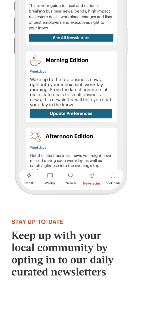 Charlotte Business Journal app screen displaying options for daily morning and afternoon business newsletters.