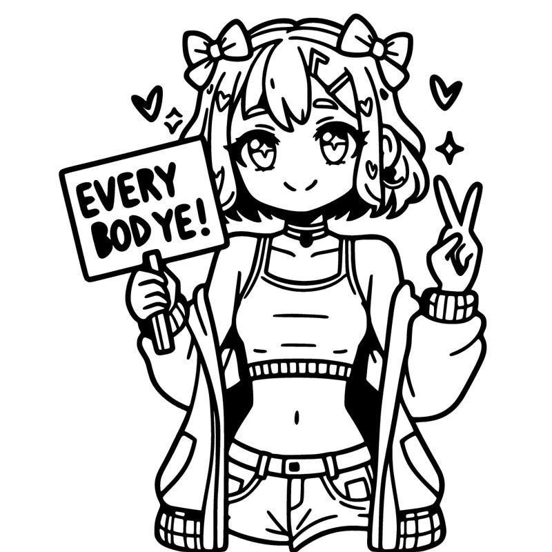anime girl with crop top holding sign that says: every body is unique!