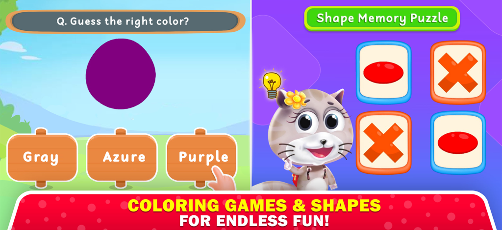 Playbees - Kids Learning Games - Interfaz de un juego educativo para niños que muestra un concurso de adivinanza de colores y un rompecabezas de memoria de formas.
