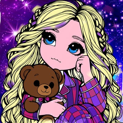 realistic girl with a teddy bear in pajamas