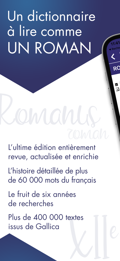 Dictionnaire Robert Historique - Promotional screen for the Dictionnaire Robert Historique app highlighting historical data on 60000 French words