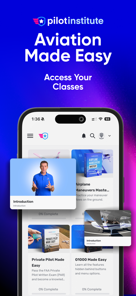 파일럿 인스티튜트 모바일 앱에 항공 및 드론 훈련 과정 표시