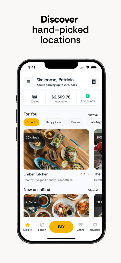 Startbildschirm der mobilen inKind-App mit kuratierten Restaurant-Empfehlungen und Cash-Back-Belohnungen