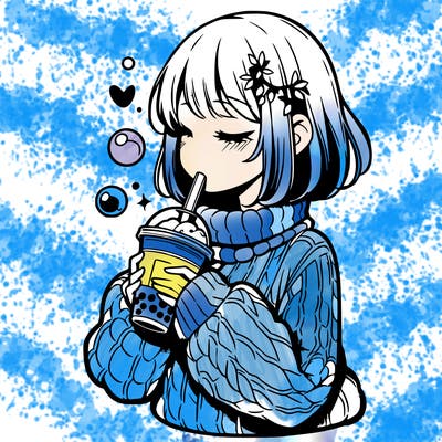 manga girl drinking boba in cozy sweater