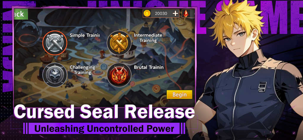 Konoha:Tailed Chaos - Menü zur Auswahl von Trainingsmissionen in Konoha Tailed Chaos mit einem Anime-Ninja-Charakter