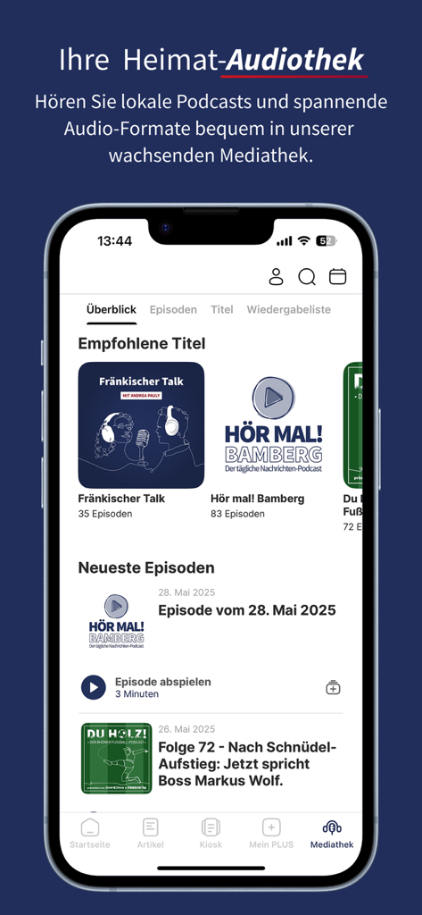 Fränkischer Tag E-Paper - The Audiothek screen of the Fraenkischer Tag E-Paper app featuring local podcasts and audio news from Upper Franconia
