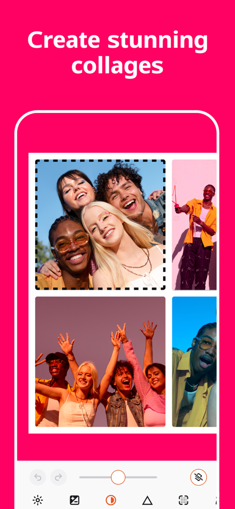 Una pantalla de teléfono móvil que demuestra cómo crear impresionantes collages de fotos con múltiples imágenes de amigos