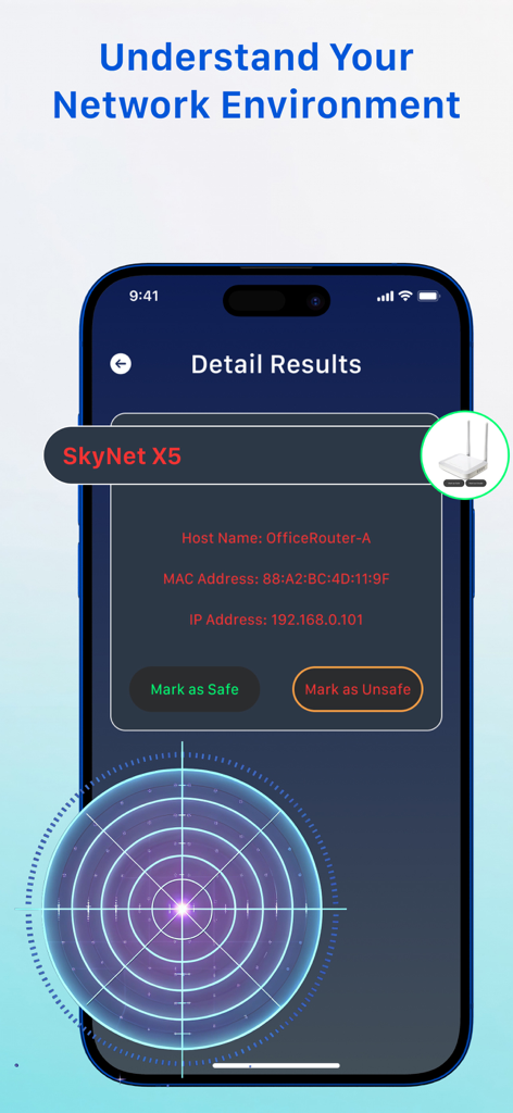 Spy Device Detector - CamOk - Pantalla de resultados detallados de la aplicación CamOk mostrando información técnica de la red y una evaluación del estado de seguridad de un dispositivo detectado.