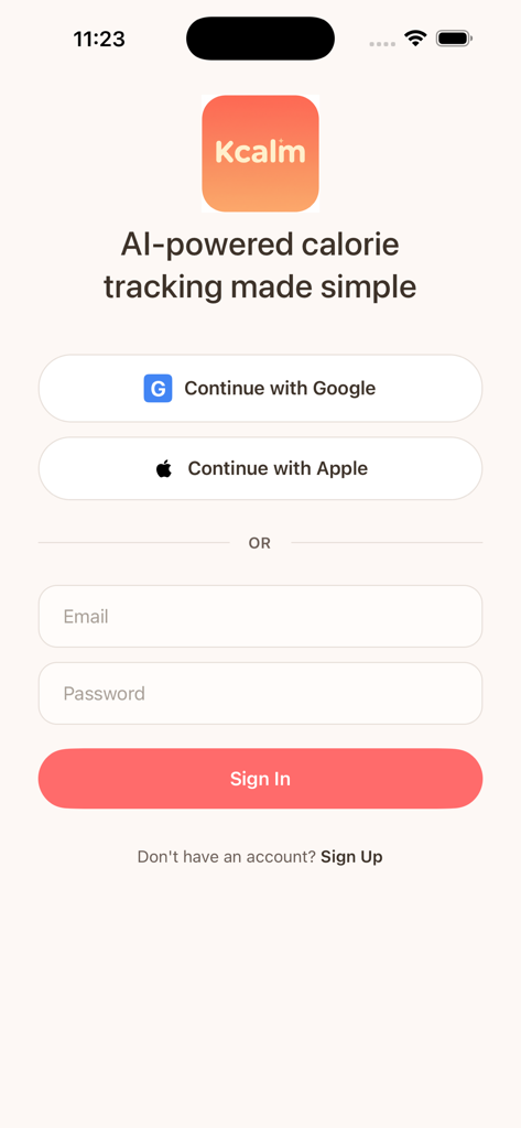 Kcalm Note - Schermata di accesso per l'app di tracciamento calorico basata su IA Kcalm Note che mostra le opzioni di accesso Google e Apple
