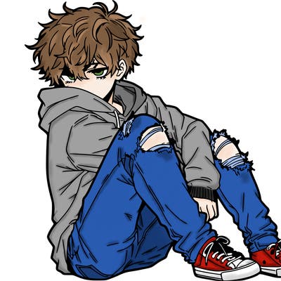 a male hoddie ripped jeans messy hair anime