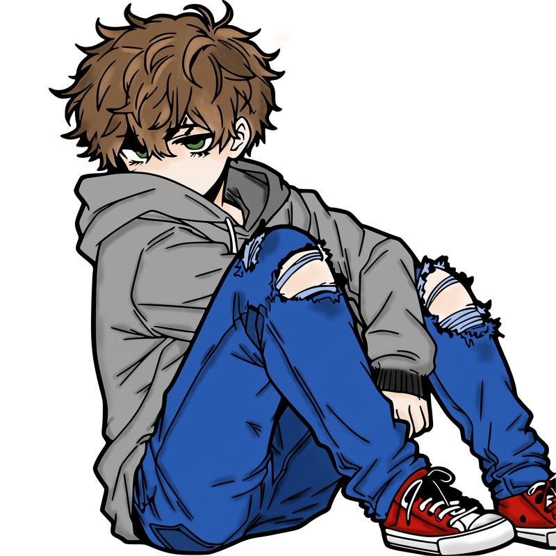 a male hoddie ripped jeans messy hair anime