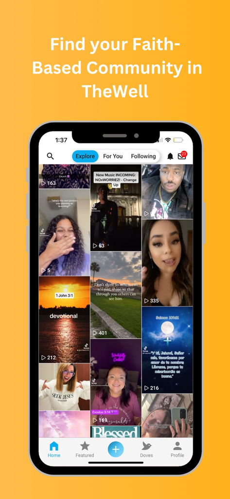 theWell Christian Social Media - TheWell app explore feed showing faith-based short-form videos and religious content.