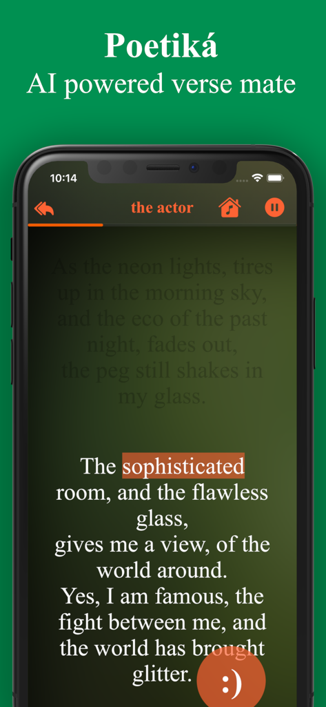 Poetik: On Poems and Poetry - Teléfono inteligente que muestra un poema titulado El Actor en la aplicación Poetik con un icono de análisis de sentimientos.
