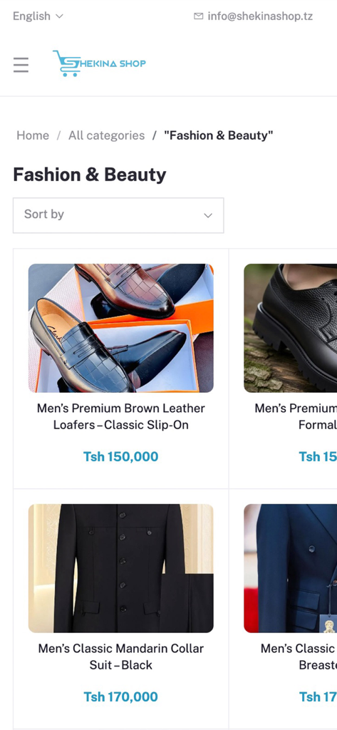 ShekinaShop - ShekinaShop 모바일 앱에 패션 및 뷰티 카테고리의 남성 신발과 정장이 표시됩니다