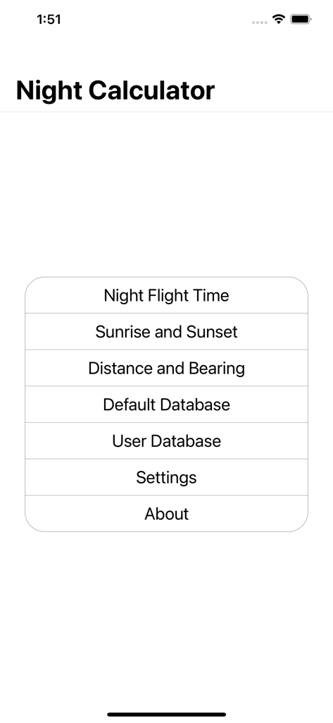 Menú principal de la aplicación de vuelo nocturno que muestra opciones para calcular el tiempo de vuelo nocturno, la salida y la puesta del sol