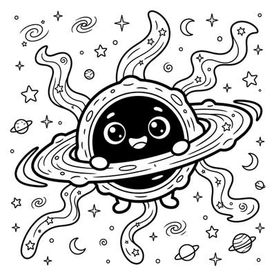 Dive into the cosmos with this charming black hole coloring page, perfect for young astronomers! Featuring a friendly black hole character emitting 'Hawking Radiation' through wavy, starry trails, this page offers an exciting and educational adventure for kids.
