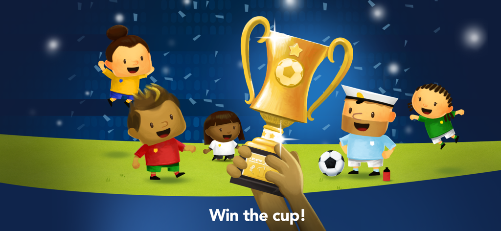 Fiete Soccer for kids 5+ - Divers personnages en dessin animé célébrant une victoire de football avec un grand trophée doré