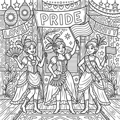 Join three spirited saloon girls as they proudly celebrate Pride Month, spreading messages of love and unity. This unique coloring page blends Wild West charm with vibrant rainbow themes, perfect for a joyful coloring adventure.
