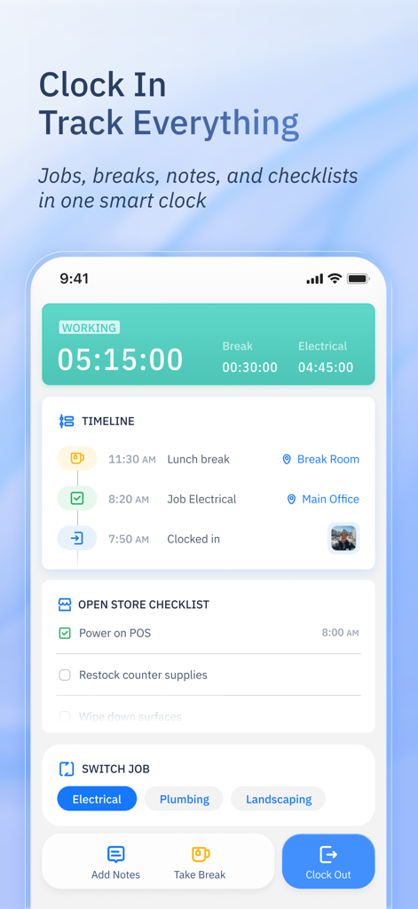 ShiftFlow employee dashboard showing clock-in timer work timeline and task checklist