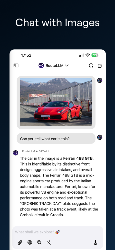 ChatLLM: AI Assistant & Chat - Asistente de IA ChatLLM identificando correctamente un coche deportivo Ferrari rojo a partir de una foto subida.
