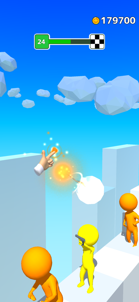 Gun Sprint - Jugabilidad de Gun Sprint mostrando una mano disparando a personajes 3D en una plataforma blanca.