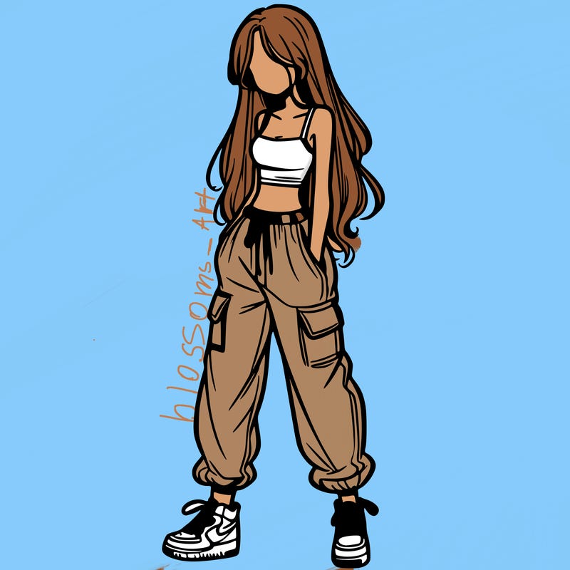 girl in baggy pants crop top and long hair