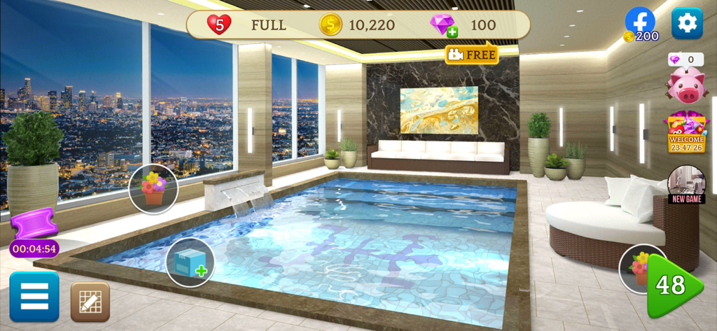 MyHome Design Hotel Renovation - Piscina interna di lusso e area lounge di un hotel con vista sullo skyline della città di notte