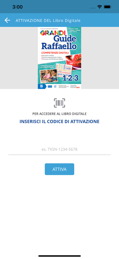 Digital book activation screen in the Raffaello Player app showing a textbook cover and activation code input field.