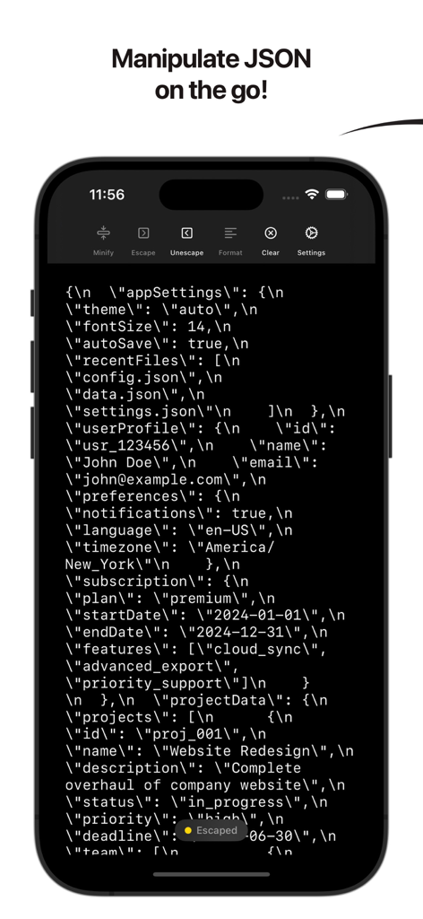 JSON Utilities - Die Benutzeroberfläche der mobilen JSON Utilities-App, die maskierten JSON-Code im Dunkelmodus anzeigt