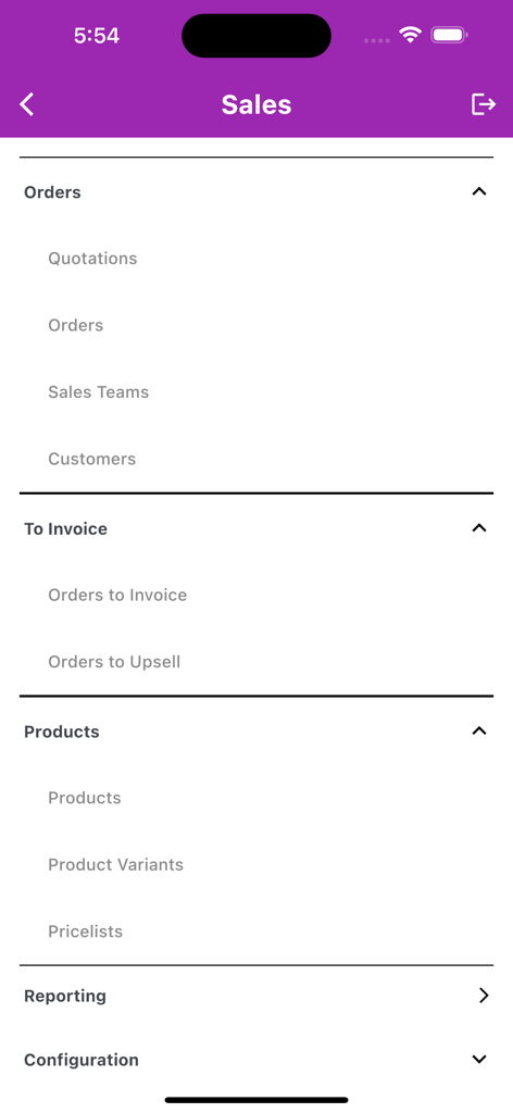La sección de Ventas de la aplicación Cliente ERP Móvil mostrando menús para pedidos, facturas, productos e informes