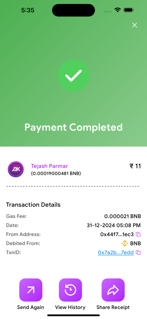 PurpleX app screen showing a successful cryptocurrency payment confirmation with transaction details and a green checkmark