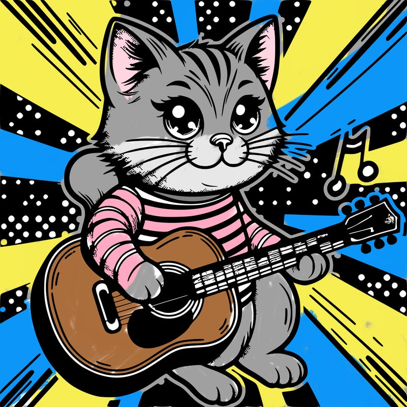 pop art cat with a guitar