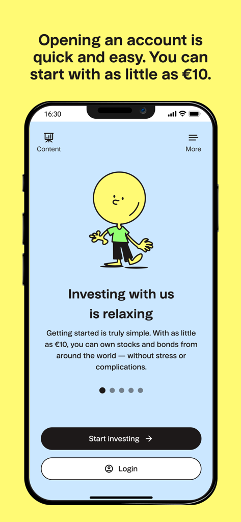 Finax: Invest Money in ETFs - Finaxアプリのオンボーディング画面。フレンドリーなキャラクターと、10ユーロからの投資開始に関するテキストが表示されています。