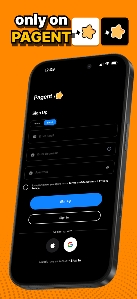 Pagent - Battle for Fame - Mobile interface of the Pagent app sign up page featuring email and social login options on a dark theme background.