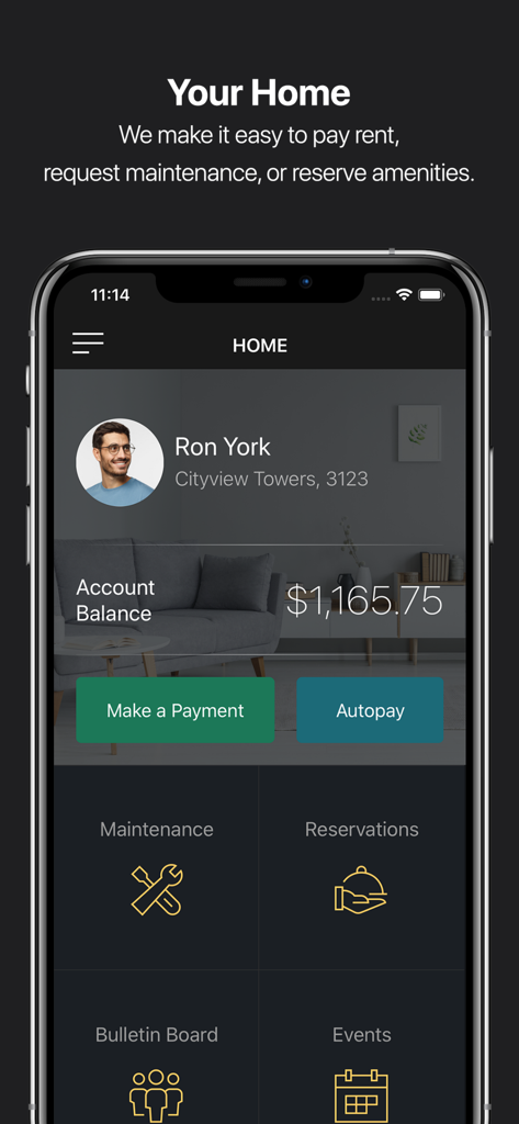 RentCafe Resident - RentCafe Resident app home screen displaying account balance, payment options, and maintenance request features.
