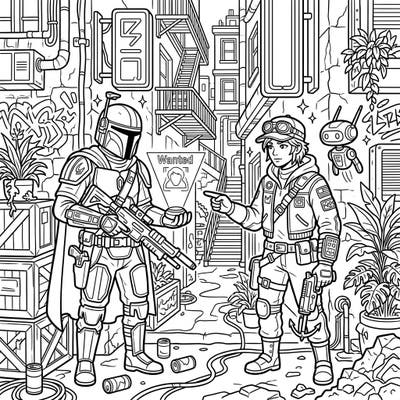 Dive into the action with this dynamic coloring page featuring two formidable bounty hunters amidst a bustling, detailed street scene. Perfect for fans of sci-fi adventures and intricate illustrations, this full scene offers endless creative possibilities.