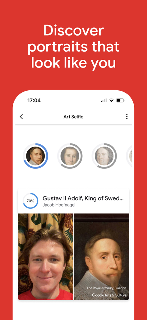 Google Arts & Culture - Un usuario comparando su selfie con un retrato histórico usando la función Art Selfie en la aplicación Google Arts and Culture.