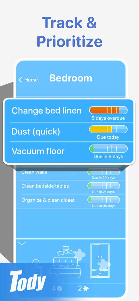 Interfaz de la aplicación Tody que muestra una lista de tareas de limpieza del dormitorio con barras de estado visuales para el seguimiento y la priorización.
