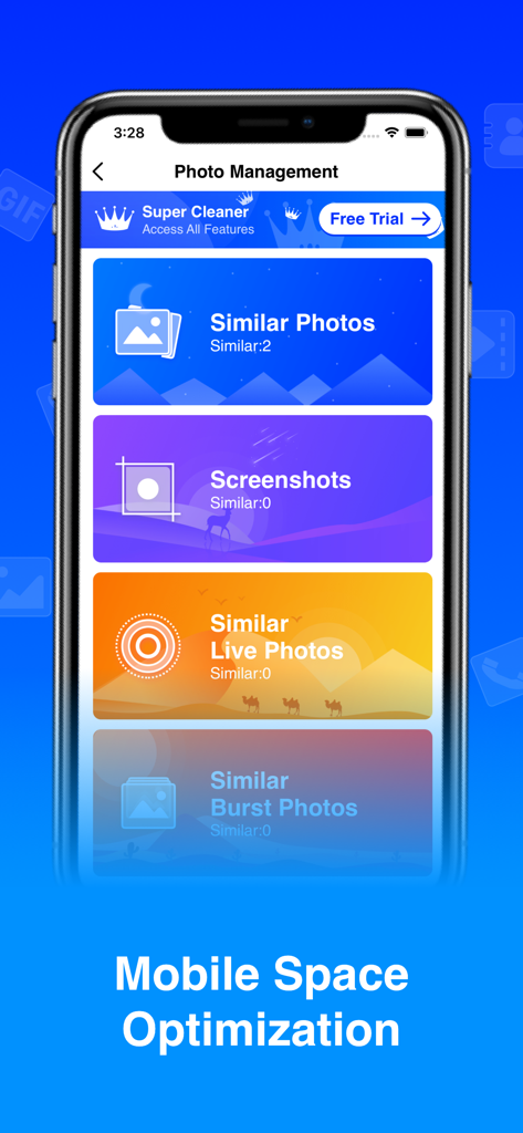 Super Cleaner - Photo & Phone - Super Cleaner app interface showing photo management options for similar photos and screenshots
