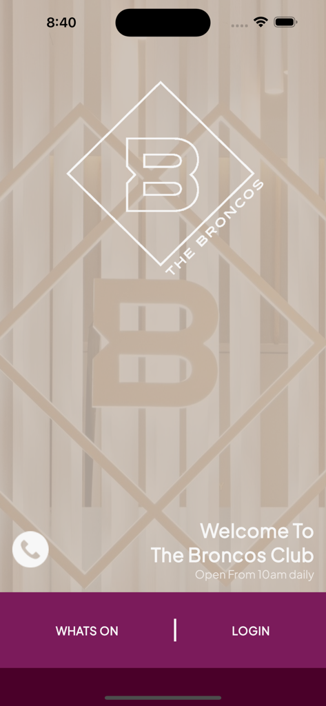 Broncos Leagues Club - Welcome screen of the Broncos Leagues Club mobile app with login and whats on buttons