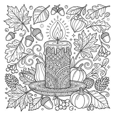 Embrace the warmth of the season with this intricate Zentangle candle coloring page, beautifully intertwined with classic autumn motifs. Perfect for adding a touch of cozy elegance to your fall coloring collection.