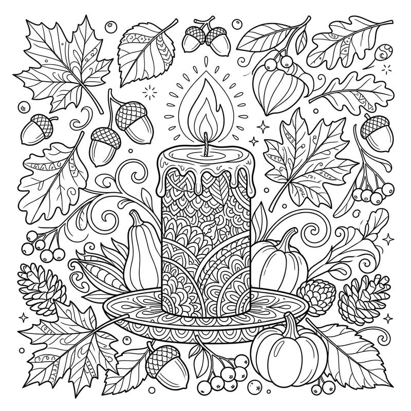 Embrace the warmth of the season with this intricate Zentangle candle coloring page, beautifully intertwined with classic autumn motifs. Perfect for adding a touch of cozy elegance to your fall coloring collection.