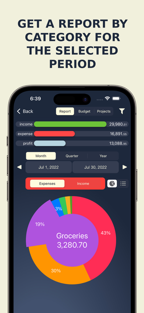 MoneyBe App-Benutzeroberfläche mit einem detaillierten Finanzbericht und einem Kategorien-Donut-Diagramm