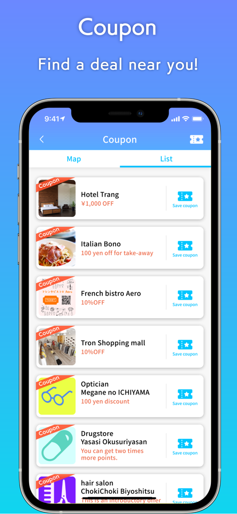 PinnAR - PinnAR app showing a list of local coupons and deals for restaurants hotels and shops