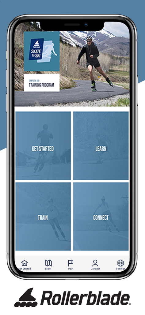 Skate to Ski - Home menu of the Skate to Ski mobile app by Rollerblade showing training and learning options.