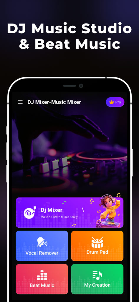DJ Mixer - AI Vocal Remover - Main menu of the DJ Mixer AI Vocal Remover app displaying features like DJ Mixer, Vocal Remover, Drum Pad, and Beat Music.